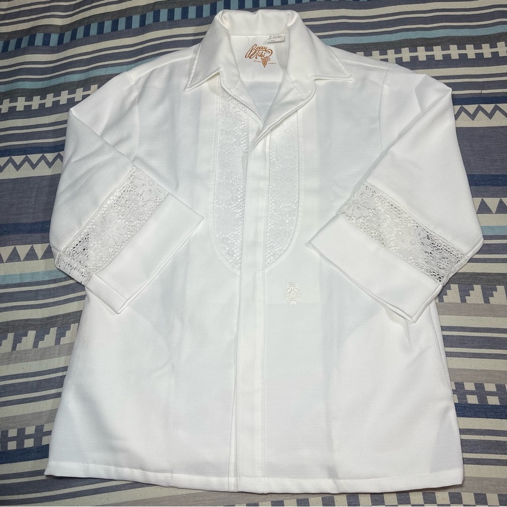 Beau Tiki Vtg Iolani Hawaiian Ivory traditional wedding shirt Large Lace Aloha